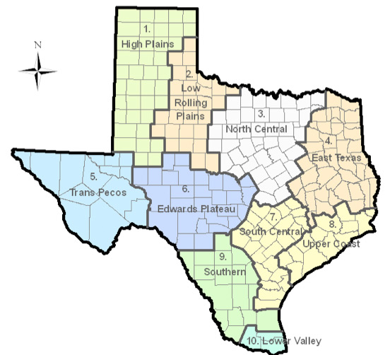 This map shows 10 color coded regions in Texas depicting different climatic regions